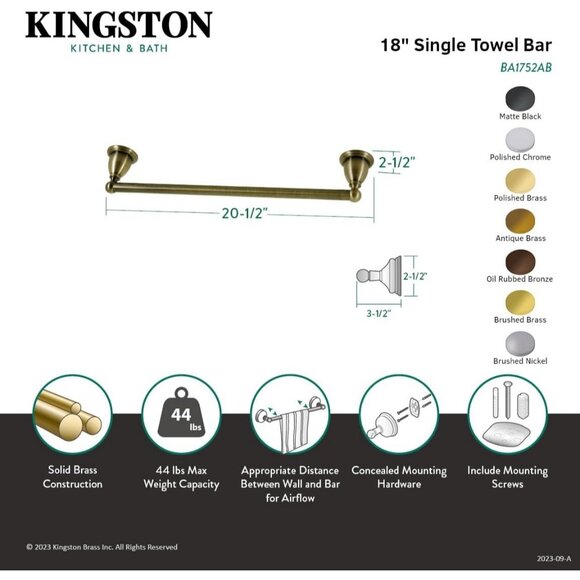 NEW Kingston Brass 18-Inch Heritage Towel-Bar, Oil Rubbed Bronze - Picture 4 of 6
